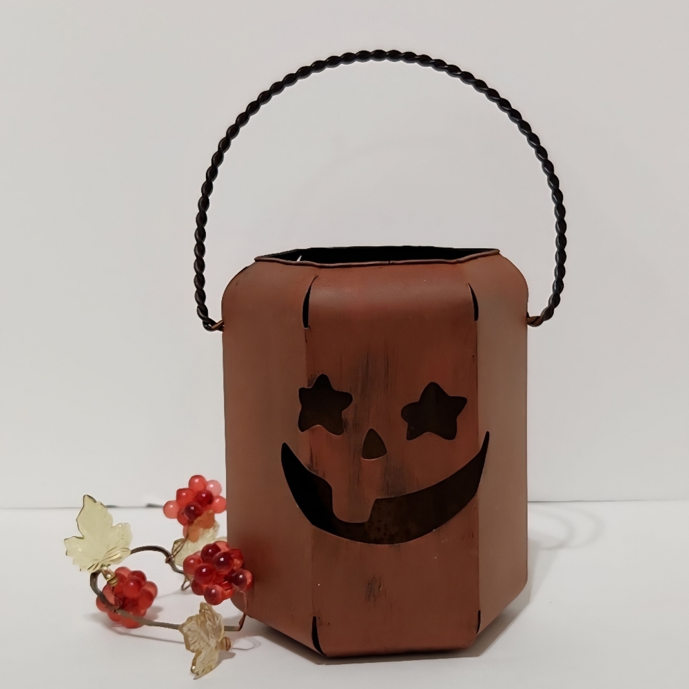 Vintage Rustic Tin Jack-o-Lantern Candle Tea Light Holder